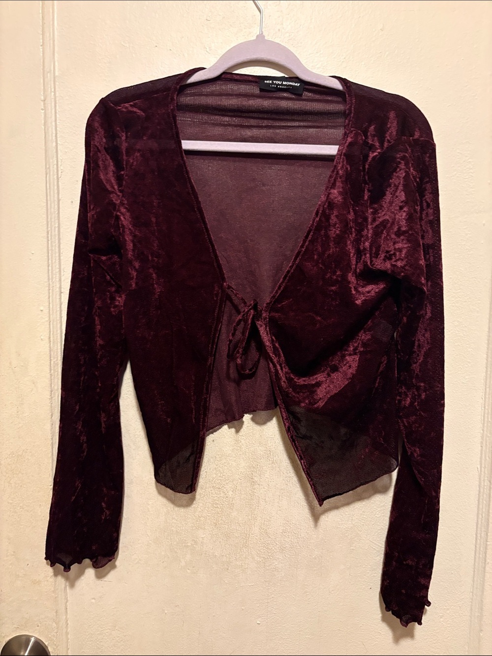 Velvet Tie-Front Cardigan in Deep Wine
